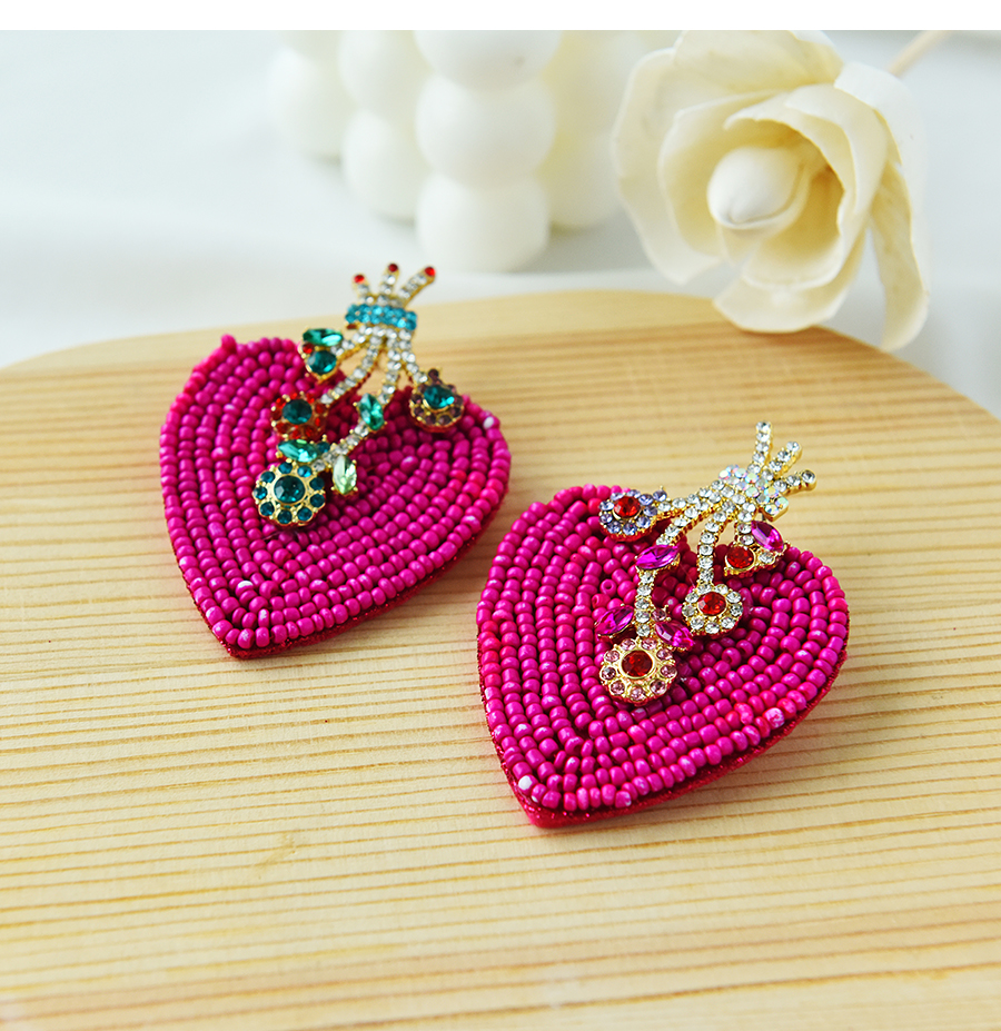 Fashion Red + Green Alloy Diamond Rice Beads Love Stud Earrings,Stud Earrings