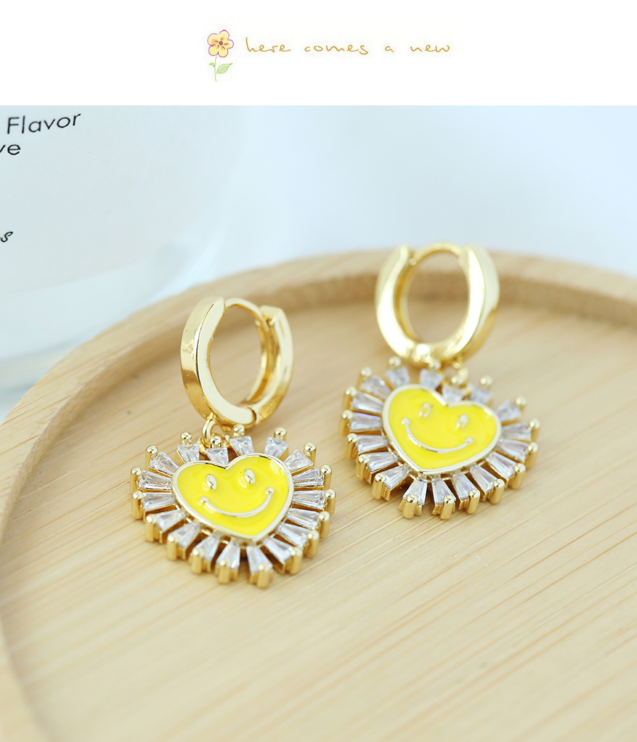 Fashion Yellow Titanium Steel Inlaid Zirconium Drop Oil Love Smiley Earrings,Earrings