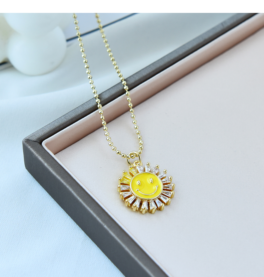 Fashion Yellow Copper Inlaid Zirconium Drop Oil Round Smiley Face Necklace,Necklaces