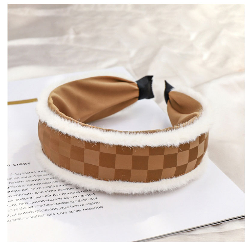 Fashion Brown Plush Pu Checkerboard Headband,Head Band