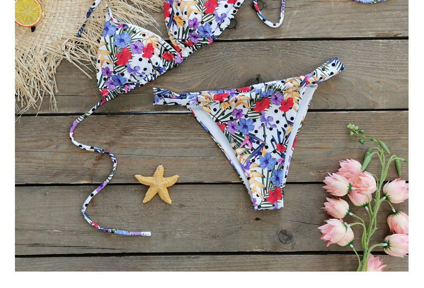 Fashion White Background Wave Dot + Purple Flower Polka Dot Floral Split Swimsuit,Bikini Sets