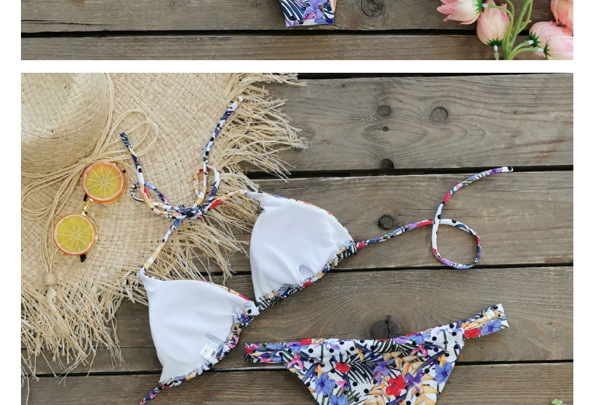 Fashion White Background Wave Dot + Purple Flower Polka Dot Floral Split Swimsuit,Bikini Sets