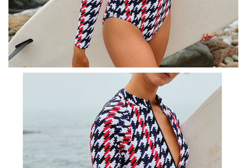 Fashion Black Red Blue Houndstooth Check Stripe Zip One Piece Long Sleeve Swimsuit,One Pieces