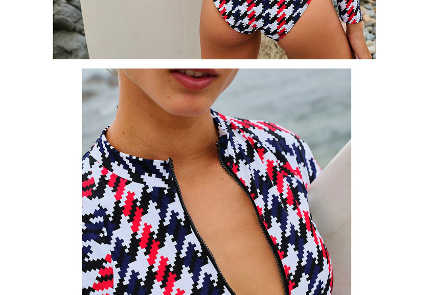 Fashion Black Red Blue Houndstooth Check Stripe Zip One Piece Long Sleeve Swimsuit,One Pieces