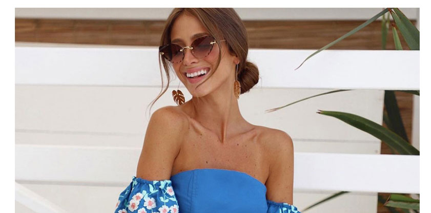 Fashion Blue Pink Flower Floral One-shoulder Split Swimsuit,Swimwear Sets