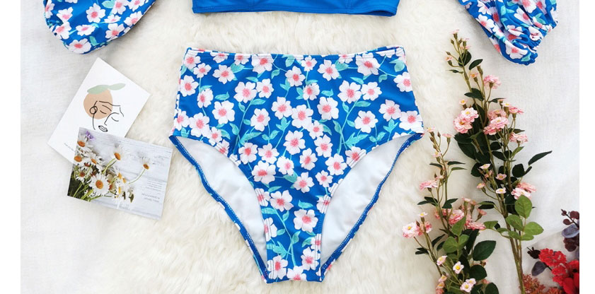 Fashion Blue Pink Flower Floral One-shoulder Split Swimsuit,Swimwear Sets