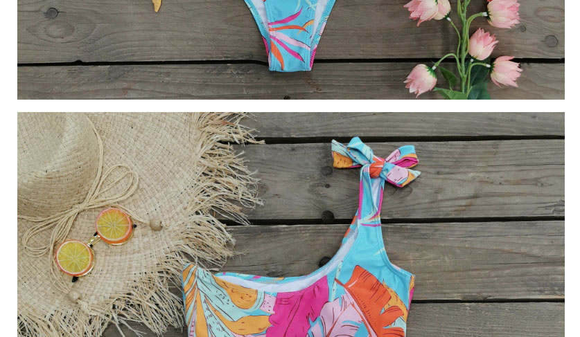 Fashion Blue Leaves One-shoulder Strap One-piece Printed Swimsuit,One Pieces