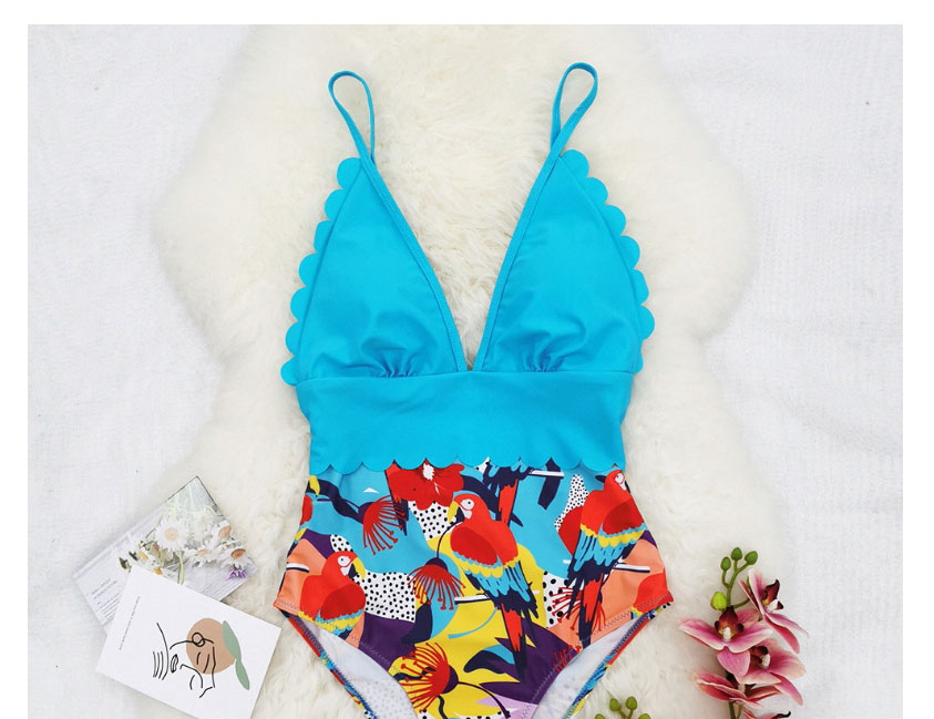 Fashion White And Green Printing Sling Print Stitching Trimming One-piece Swimsuit,One Pieces