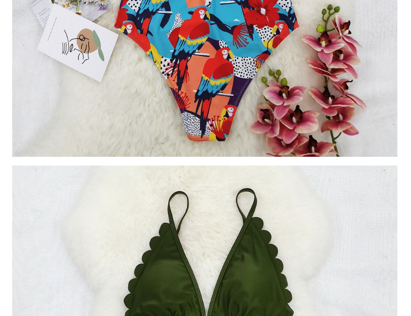 Fashion White And Green Printing Sling Print Stitching Trimming One-piece Swimsuit,One Pieces