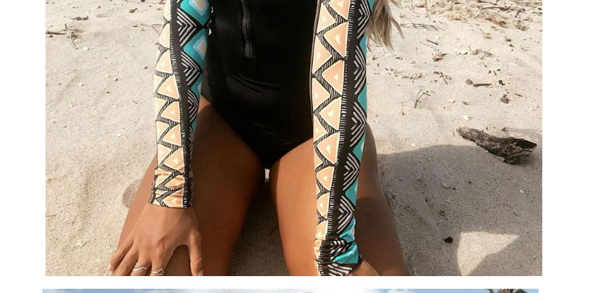 Fashion Blue Orange Print On Black Printed Stitching Zipper Long-sleeved One-piece Swimsuit,One Pieces