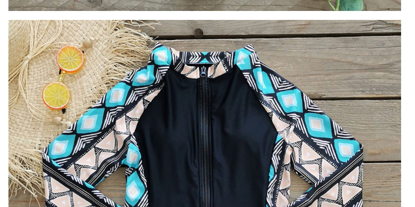 Fashion Blue Orange Print On Black Printed Stitching Zipper Long-sleeved One-piece Swimsuit,One Pieces