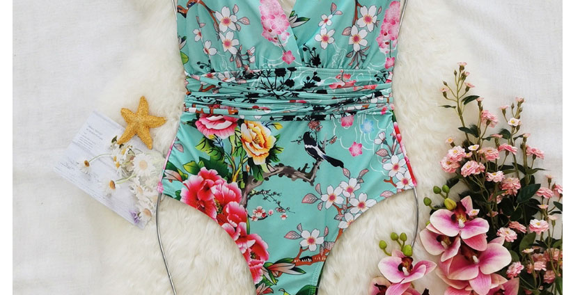 Fashion White Safflower On Green Background Printed Deep V Tie One-piece Swimsuit,One Pieces