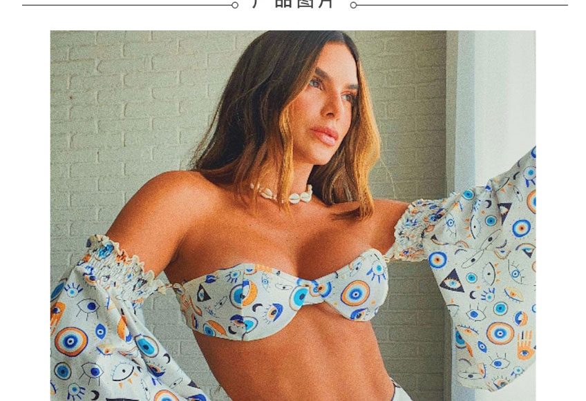 Fashion Eye Print Floral Ruffled One-shoulder Split Swimsuit,Swimwear Sets