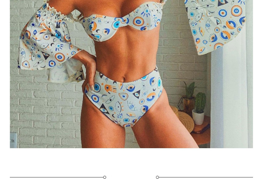 Fashion Eye Print Floral Ruffled One-shoulder Split Swimsuit,Swimwear Sets