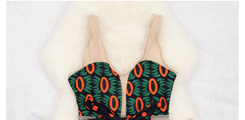 Fashion Black Papaya Green Leaves Printed Sling Mesh Stitching Strappy One-piece Swimsuit,One Pieces