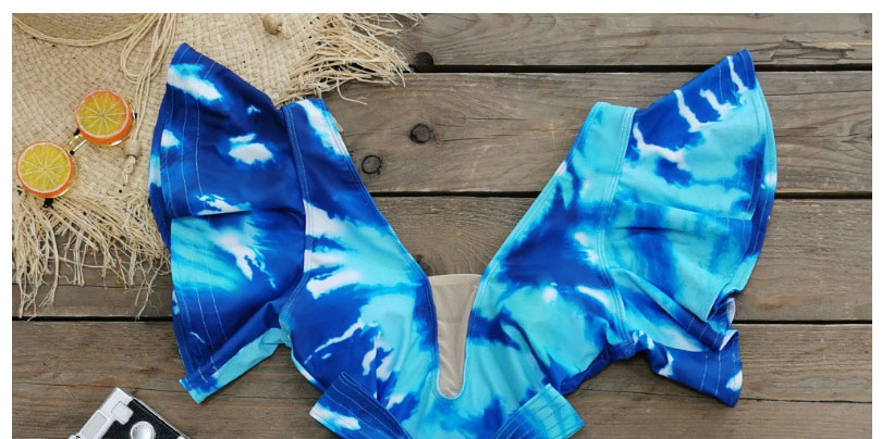 Fashion Blue Tie-dye Printed Mesh Stitching Deep V One-piece Swimsuit,One Pieces