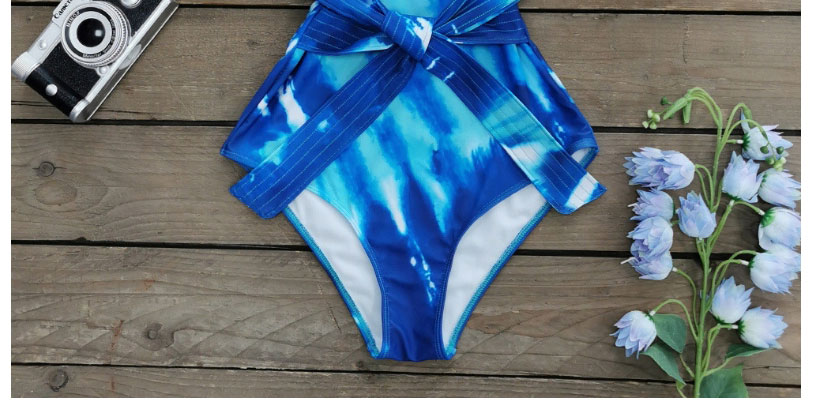 Fashion Blue Tie-dye Printed Mesh Stitching Deep V One-piece Swimsuit,One Pieces