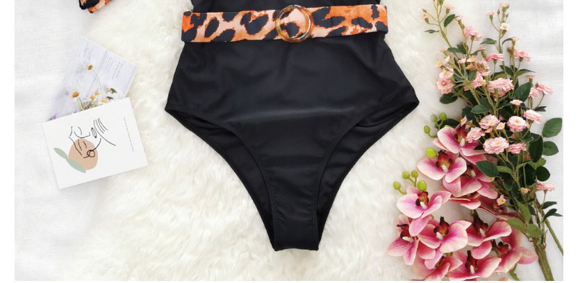 Fashion Black + Leopard Belt Leopard Print Tube Top Strap One-piece Swimsuit,One Pieces
