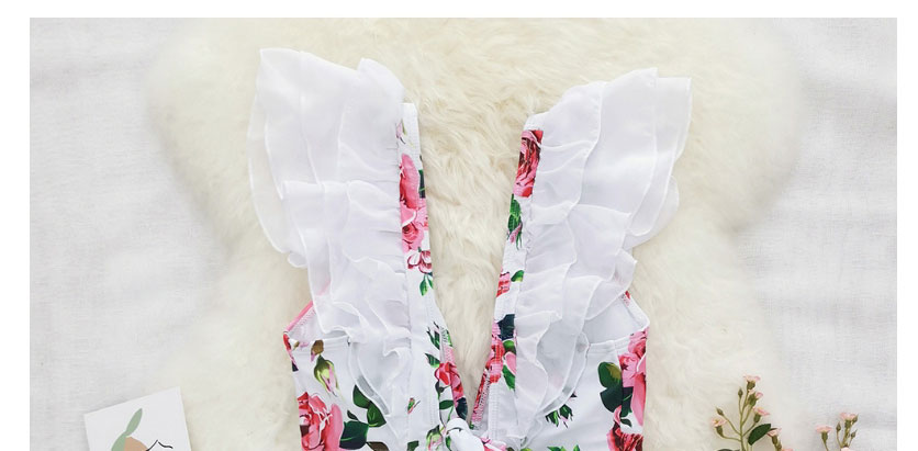 Fashion Safflower On White Printed Deep V Ruffled Split Swimsuit,Bikini Sets
