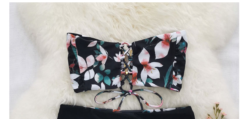 Fashion Black Powder And White Flowers Printed Tube Top Lace Split Swimsuit,Bikini Sets