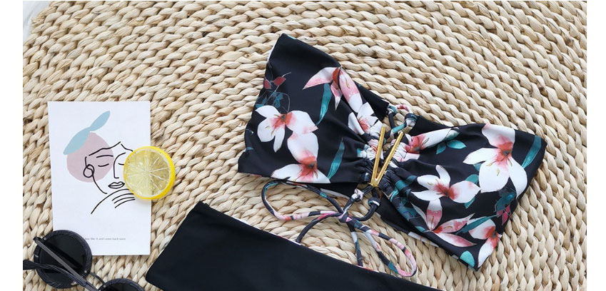 Fashion Black Powder And White Flowers Printed Tube Top Lace Split Swimsuit,Bikini Sets