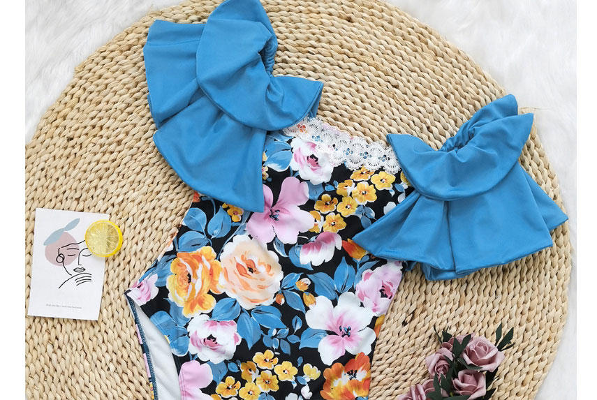 Fashion Pink Blue Flowers On Black Square Neck Lace Print One-piece Swimsuit,One Pieces