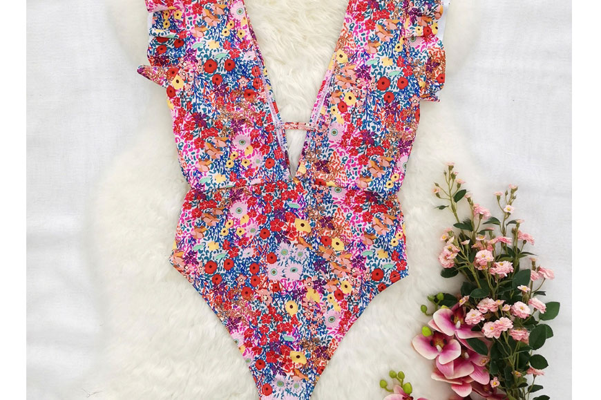 Fashion Floral Print Floral Deep V Backless One-piece Swimsuit,One Pieces
