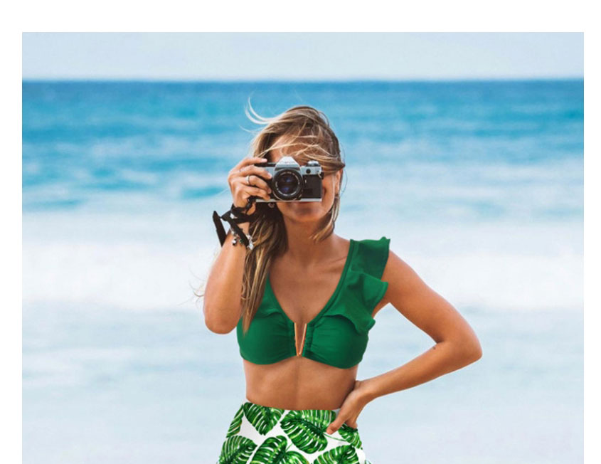 Fashion Green Top + Green Leaves Printed Deep V Strap Ruffled Split Swimsuit,Bikini Sets