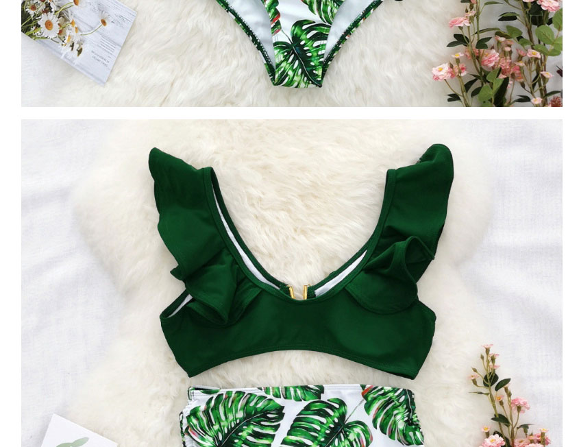 Fashion Green Top + Green Leaves Printed Deep V Strap Ruffled Split Swimsuit,Bikini Sets