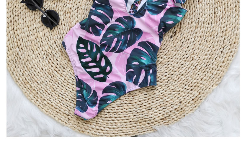 Fashion Pink Base Powder Green Leaves Printed Tie Ruffled One-piece Swimsuit,One Pieces