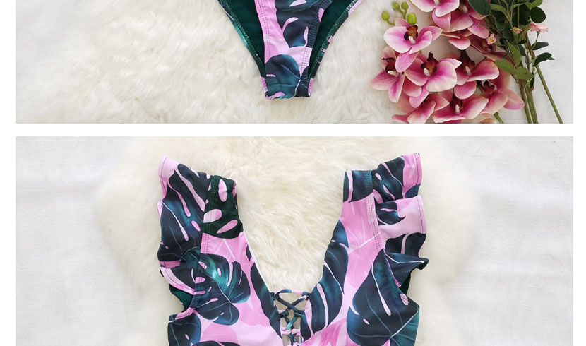 Fashion Pink Base Powder Green Leaves Printed Tie Ruffled One-piece Swimsuit,One Pieces