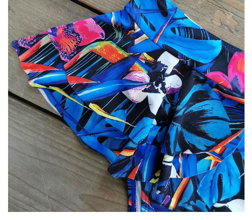 Fashion Pink Flower Blue Leaves Printed Tube Top Long Sleeve Split Swimsuit,Bikini Sets