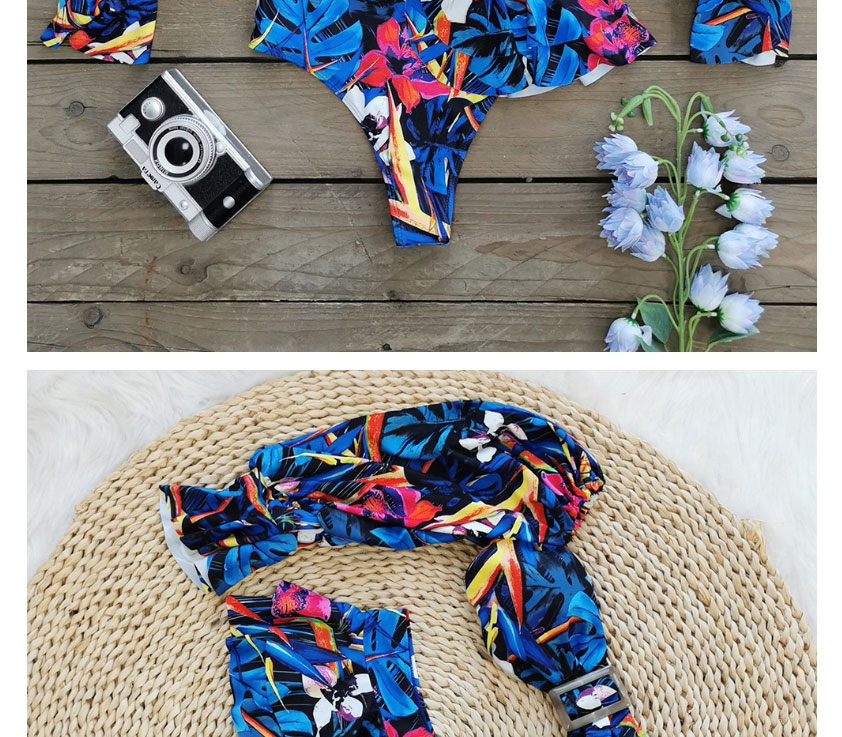 Fashion Pink Flower Blue Leaves Printed Tube Top Long Sleeve Split Swimsuit,Bikini Sets