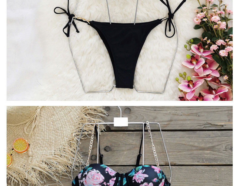 Fashion Black Pink Rose Chain Sling Print Split Swimsuit,Bikini Sets