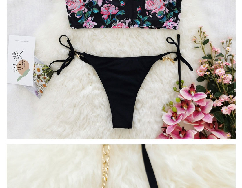Fashion Black Pink Rose Chain Sling Print Split Swimsuit,Bikini Sets