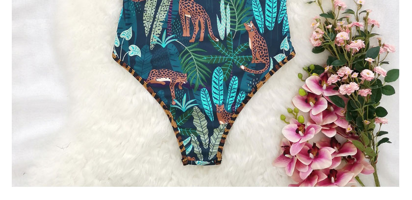 Fashion Blue Leaf Leopard Leopard Print Leopard Print Ruffled One-piece Swimsuit,One Pieces