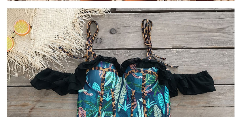 Fashion Blue Leaf Leopard Leopard Print Leopard Print Ruffled One-piece Swimsuit,One Pieces
