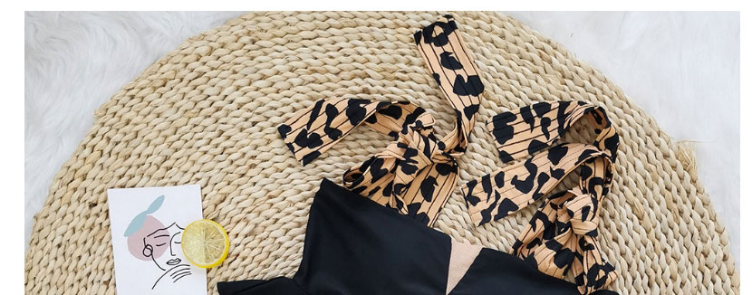 Fashion Black Top + Leopard Bottom Pants Leopard Print Lace-up Mesh Stitching Split Swimsuit,Bikini Sets
