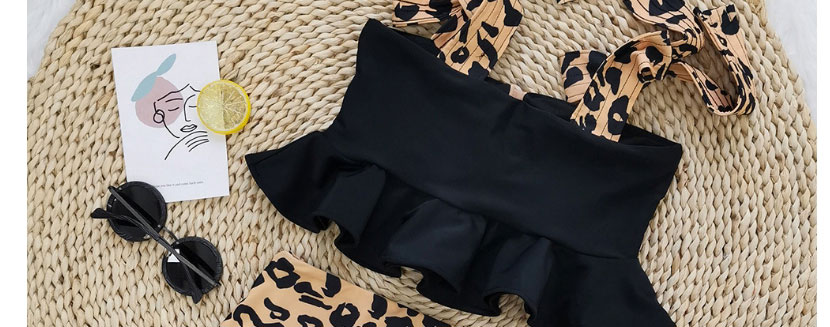 Fashion Black Top + Leopard Bottom Pants Leopard Print Lace-up Mesh Stitching Split Swimsuit,Bikini Sets