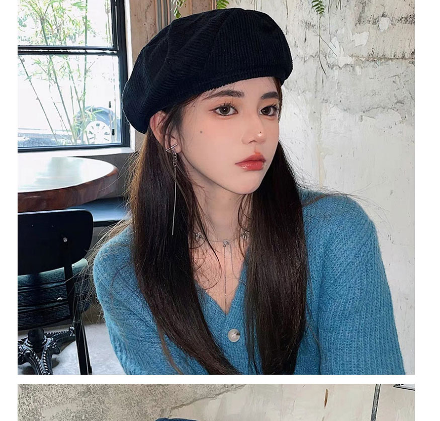Fashion Black Corduroy Knitted Octagonal Beret,Beanies&Others