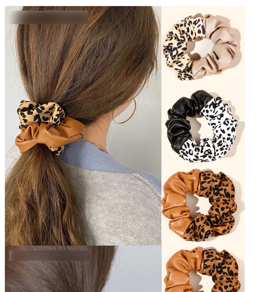 Fashion Brown Pu Leather Leopard Print Stitching Pleated Hair Tie,Hair Ring