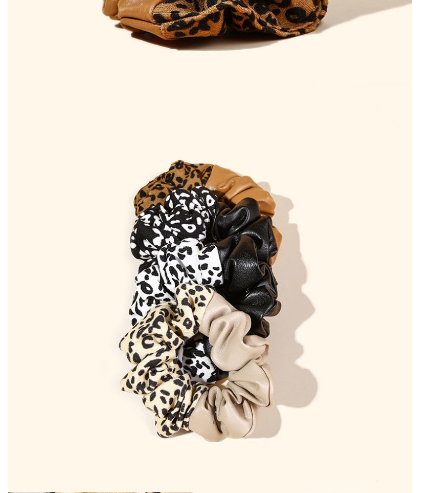 Fashion Brown Pu Leather Leopard Print Stitching Pleated Hair Tie,Hair Ring