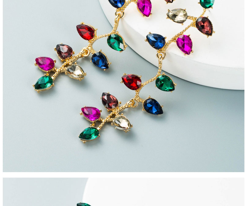 Fashion Green Alloy Inlaid Colorful Diamond Drop Diamond Leaf Flower Earrings,Drop Earrings