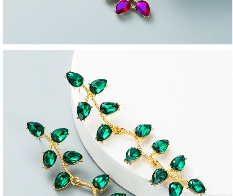 Fashion Green Alloy Inlaid Colorful Diamond Drop Diamond Leaf Flower Earrings,Drop Earrings