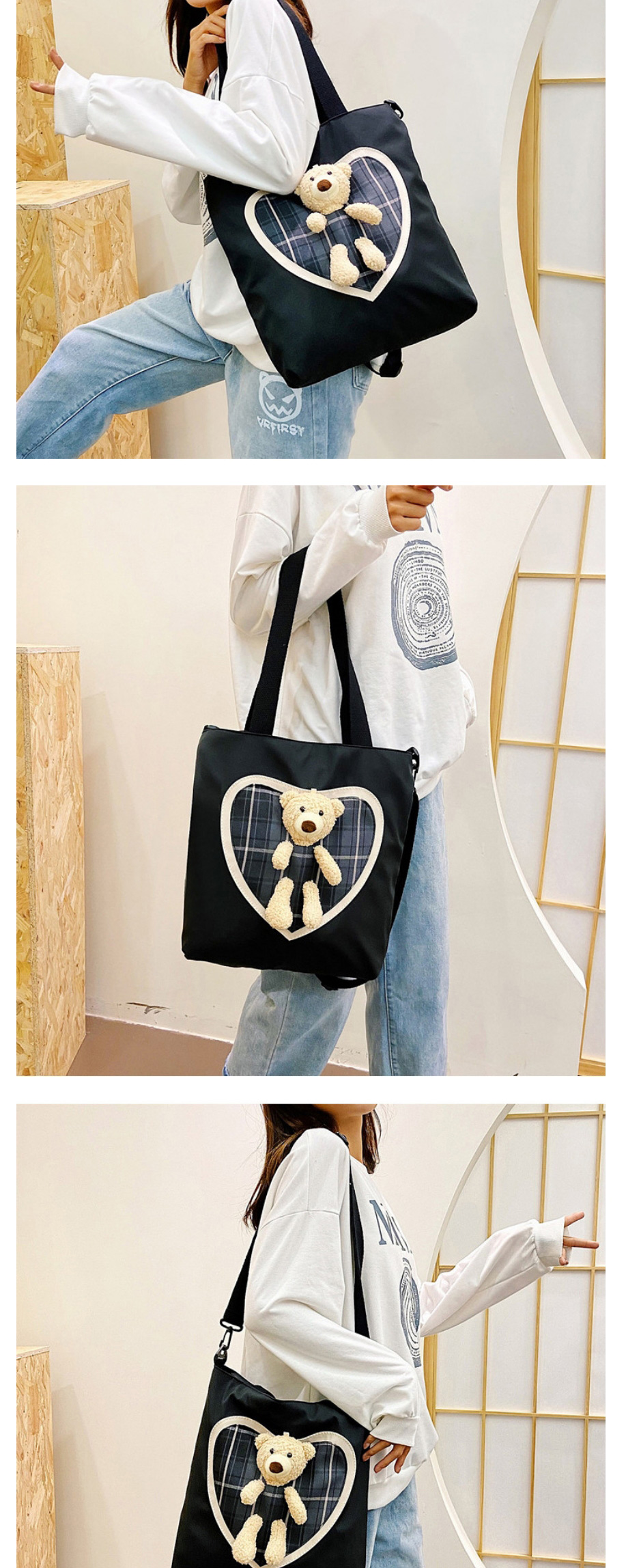 Fashion Black Canvas Bear Large Capacity One-shoulder Messenger Bag,Shoulder bags