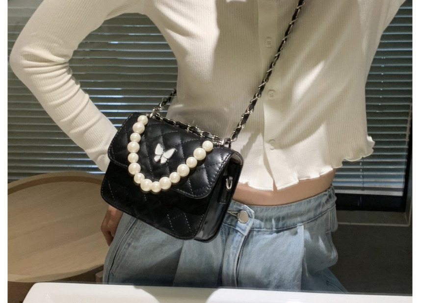Fashion White Pearl Rhombus Embroidery Thread Butterfly One-shoulder Messenger Bag,Handbags