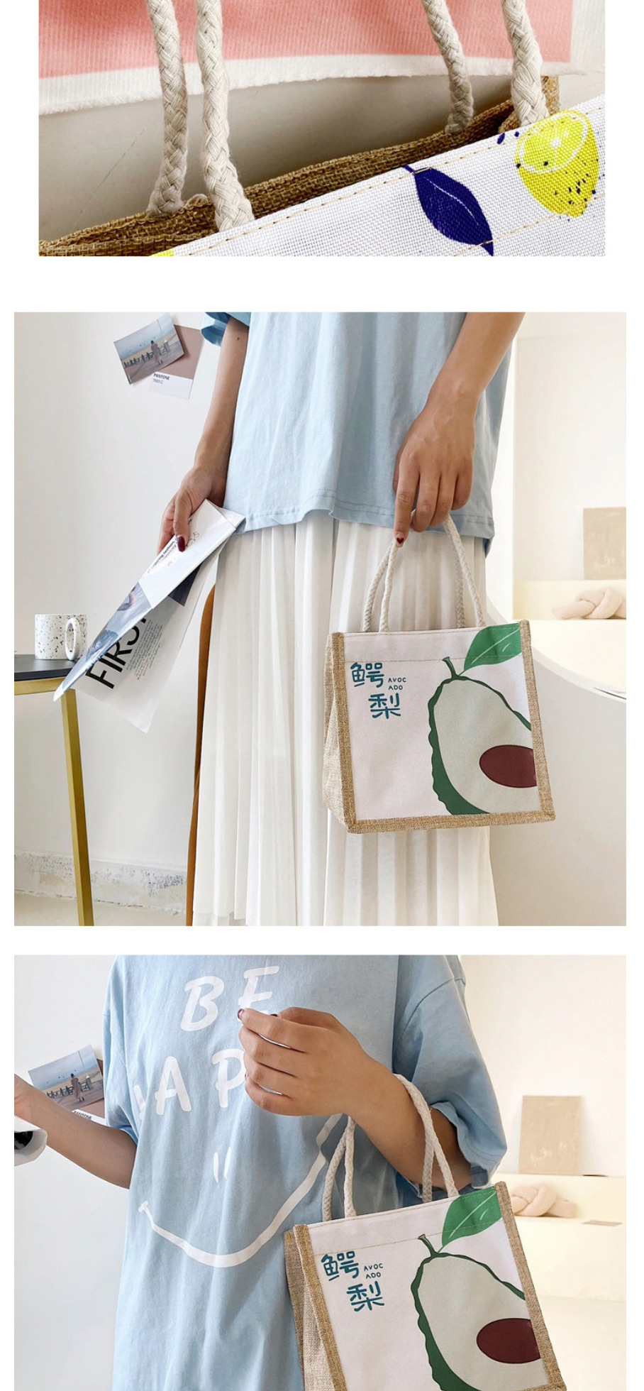 Fashion Avocado Cotton And Linen Printed Canvas Handbag,Handbags