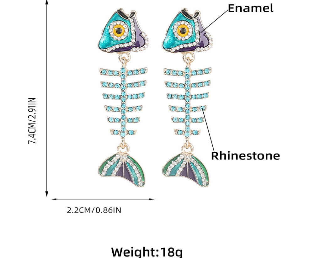Fashion Blue Alloy Drop Oil Inlaid Rhinestone Fish Bone Ear Studs,Stud Earrings