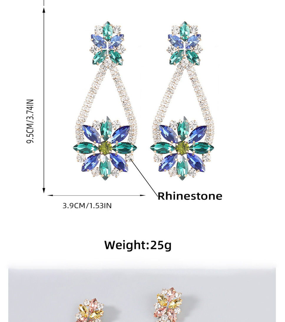 Fashion Blue-green Alloy Inlaid Rhinestone Flower Geometric Earrings,Drop Earrings