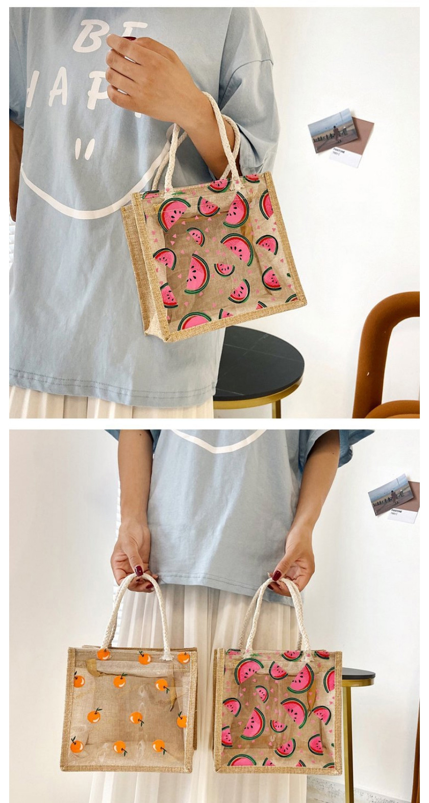 Fashion Watermelon Transparent Fruit Print Portable Cotton And Linen Bag,Handbags